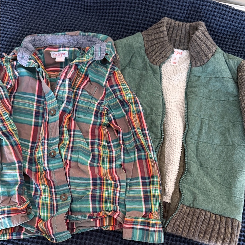4T Cat & Jack 2 items set: sweater & button down plaid shirt cool pattern